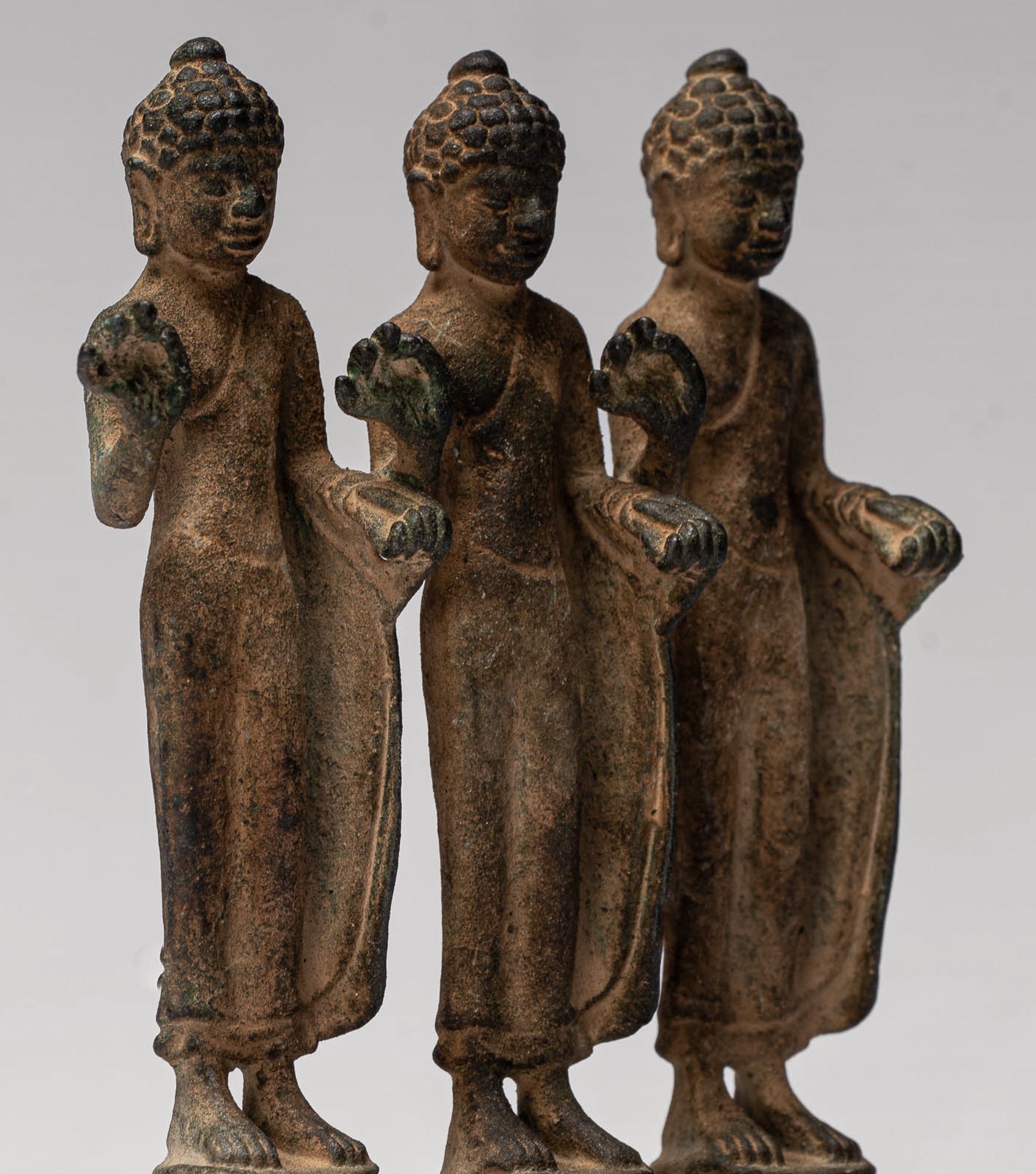 Buddha Statue - Antique Thai Style Standing Bronze Teaching Buddha Statue Triptych- 11.5cm/5"