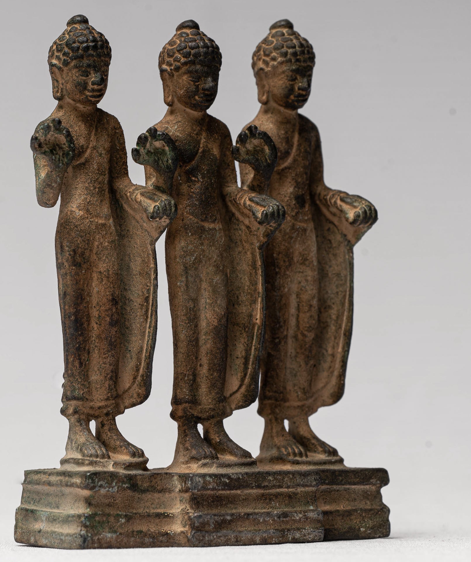 Buddha Statue - Antique Thai Style Standing Bronze Teaching Buddha Statue Triptych- 11.5cm/5"