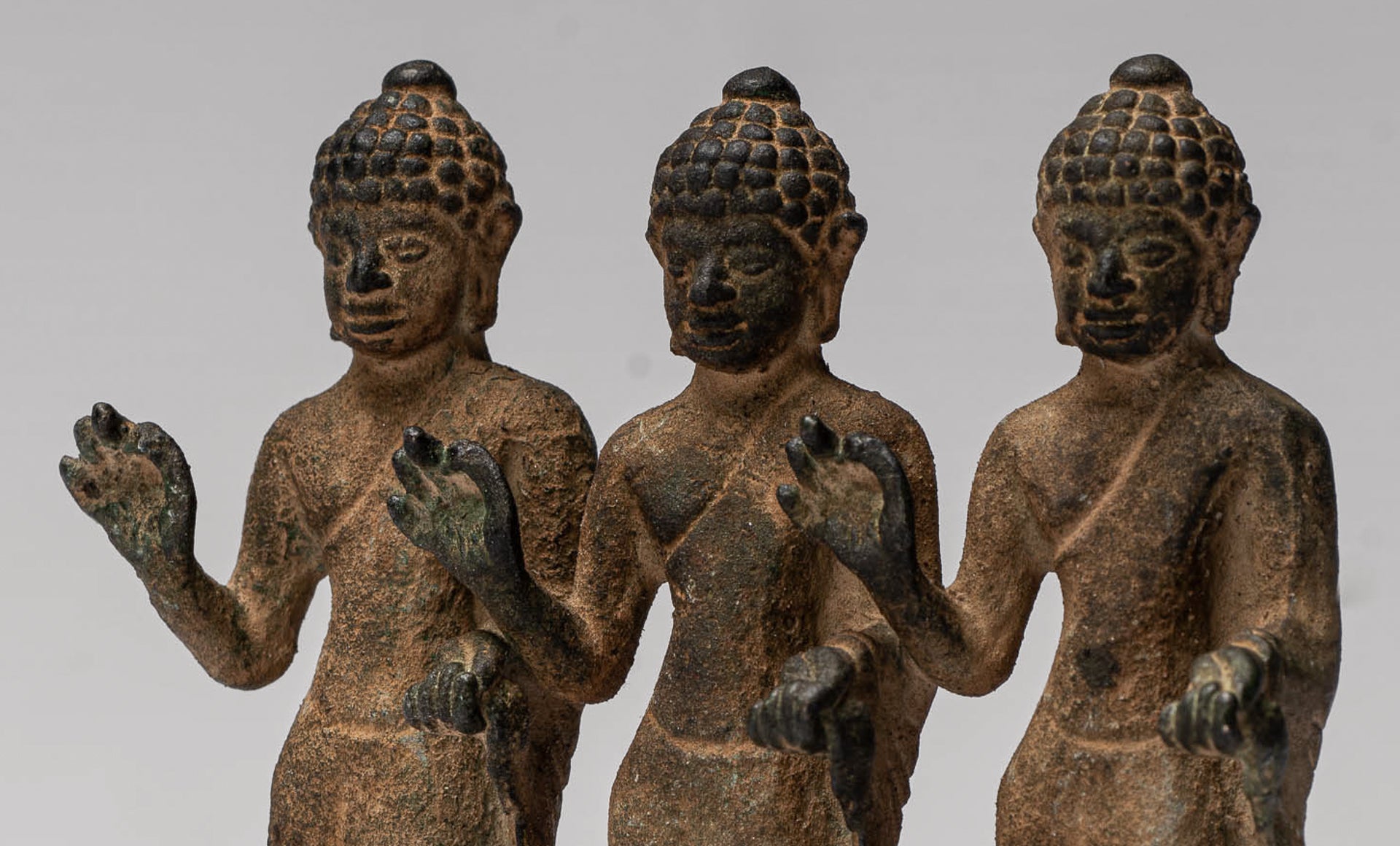 Buddha Statue - Antique Thai Style Standing Bronze Teaching Buddha Statue Triptych- 11.5cm/5"