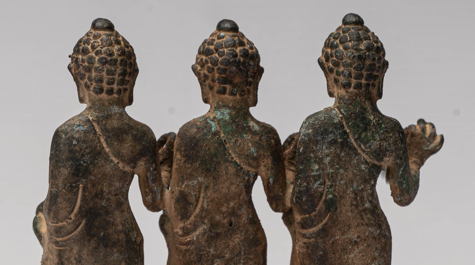 Buddha Statue - Antique Thai Style Standing Bronze Teaching Buddha Statue Triptych- 11.5cm/5"