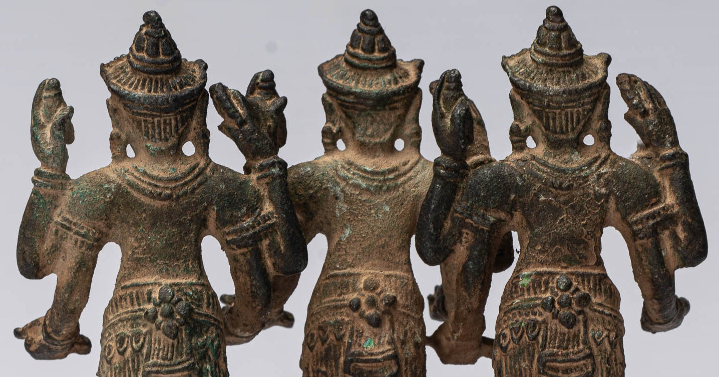 Vishnu Statue - Antique Khmer Style Standing Bronze Angkor Wat Vishnu Statue Triptych- 9.5cm/4"