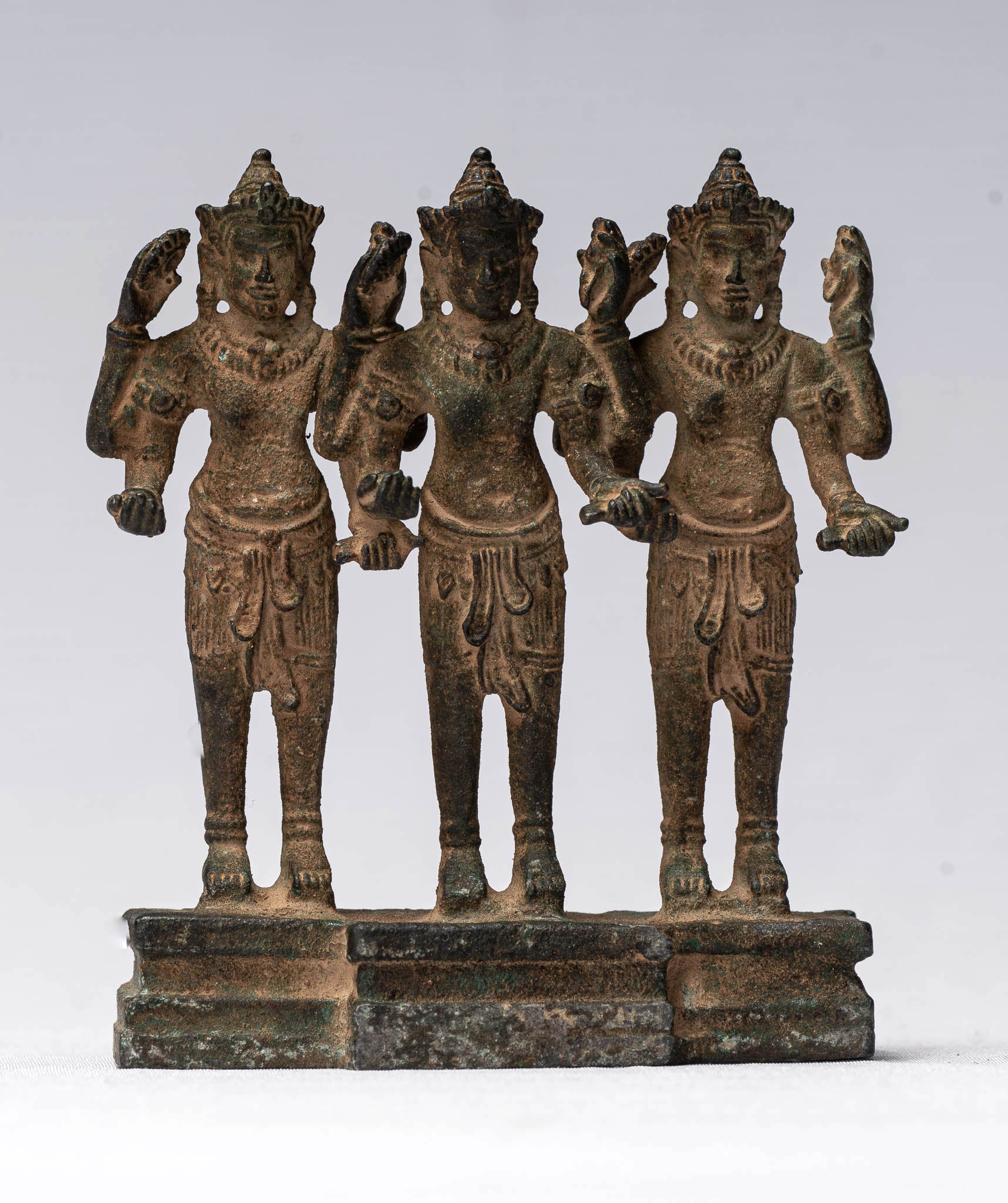 Vishnu Statue - Antique Khmer Style Standing Bronze Angkor Wat Vishnu Statue Triptych- 9.5cm/4"