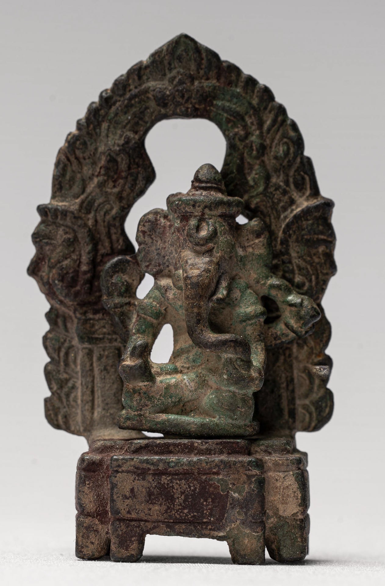 Ganesha Statue - Antique Thai Style Enthroned Bronze Seated Ganesha Statue - 6.5cm/3"