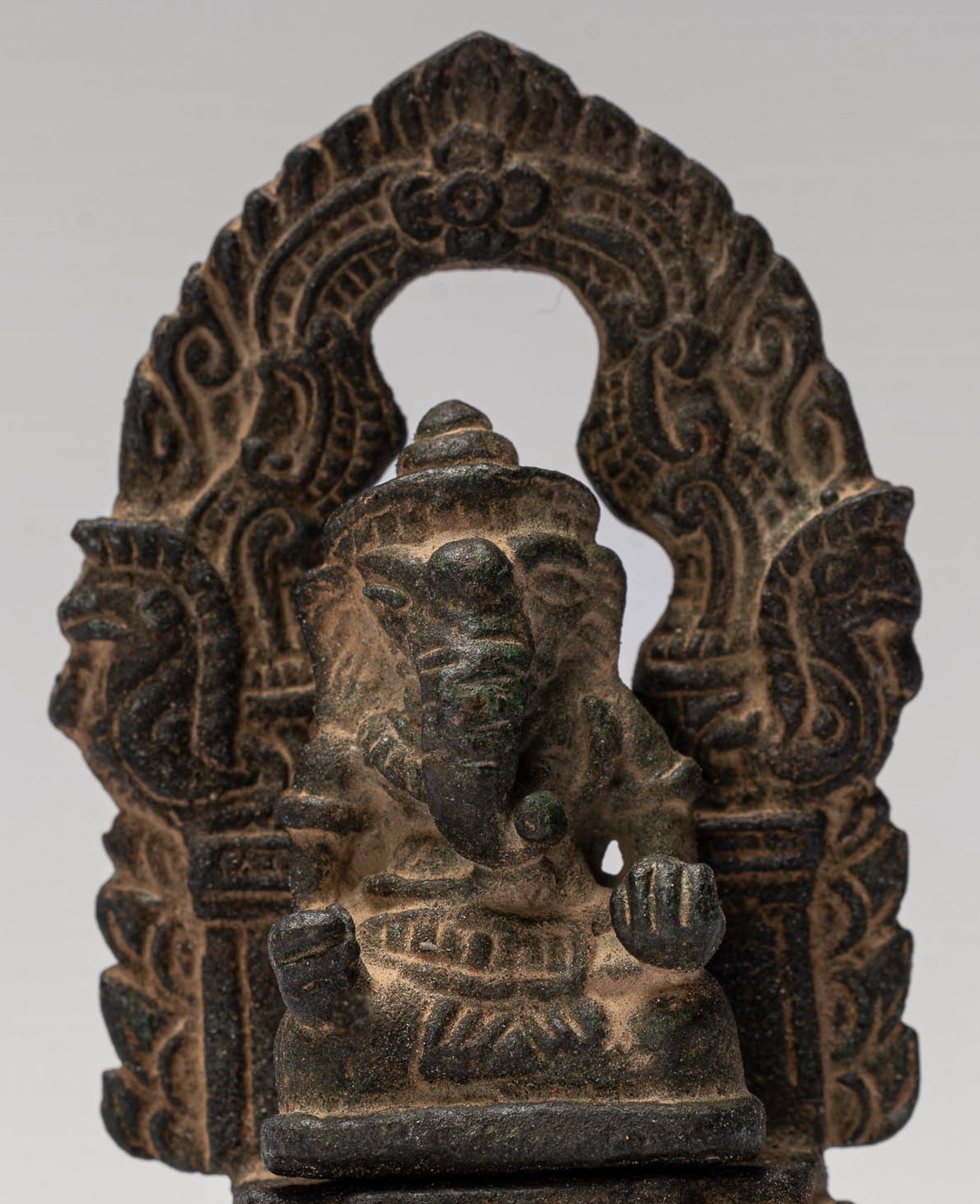 Ganesha Statue - Antique Thai Style Enthroned Bronze Seated Ganesha Statue - 6.5cm/3"