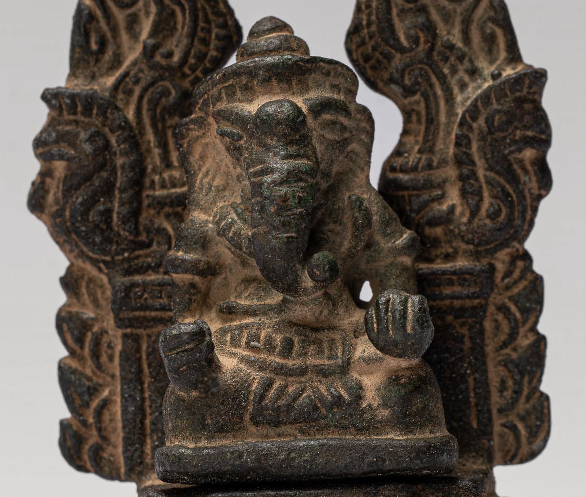 Ganesha Statue - Antique Thai Style Enthroned Bronze Seated Ganesha Statue - 6.5cm/3"