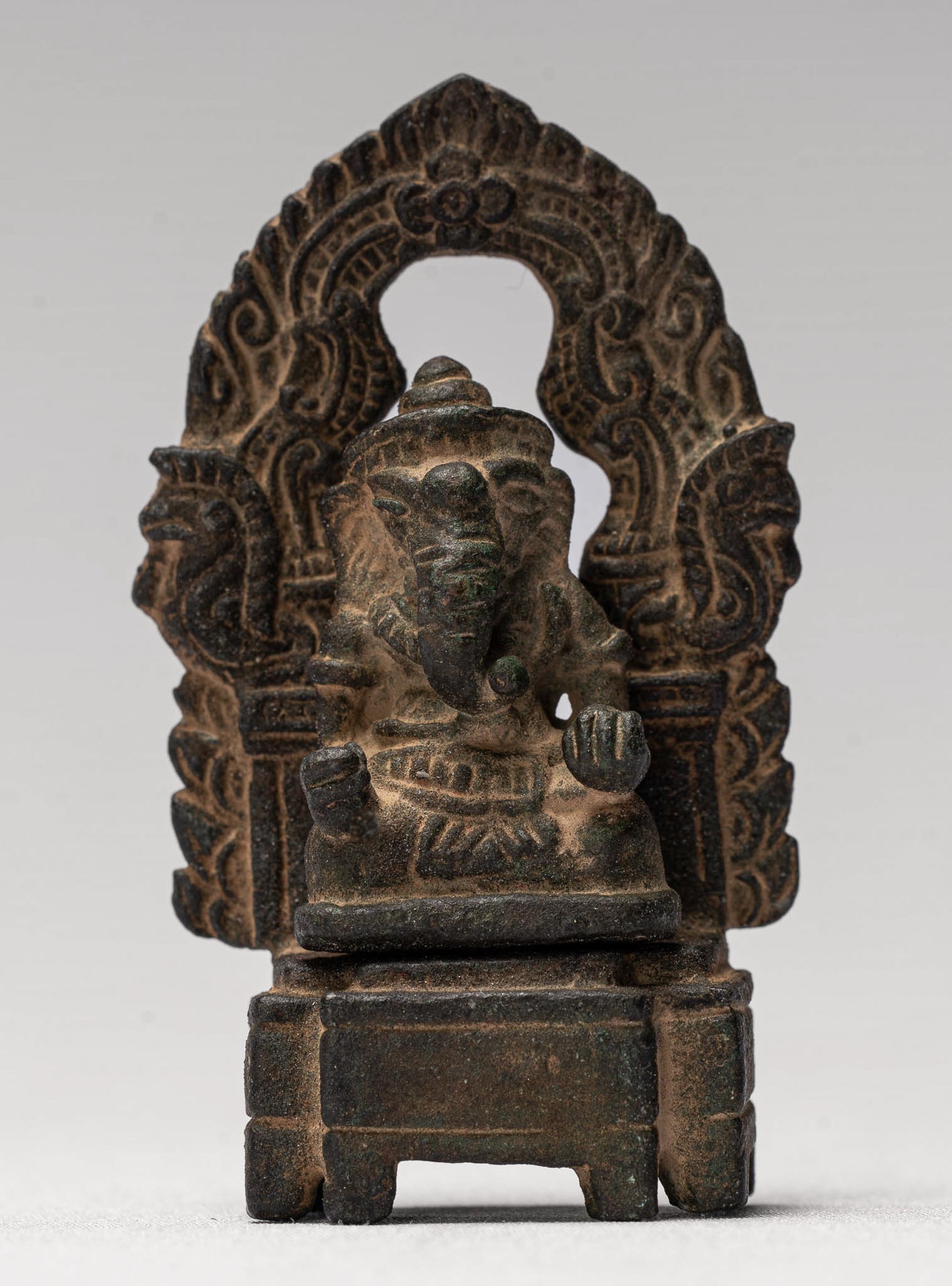 Ganesha Statue - Antique Thai Style Enthroned Bronze Seated Ganesha Statue - 6.5cm/3"