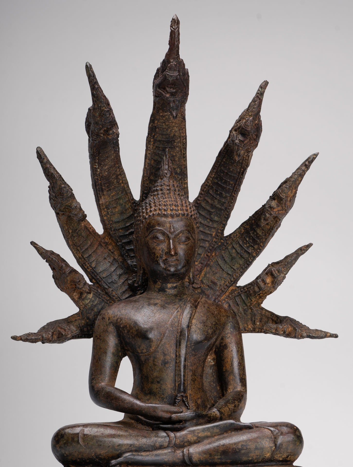 Antique Thai Style Seated Bronze Naga Meditation 'Phra Naga Prok' Buddha - 53cm/21"