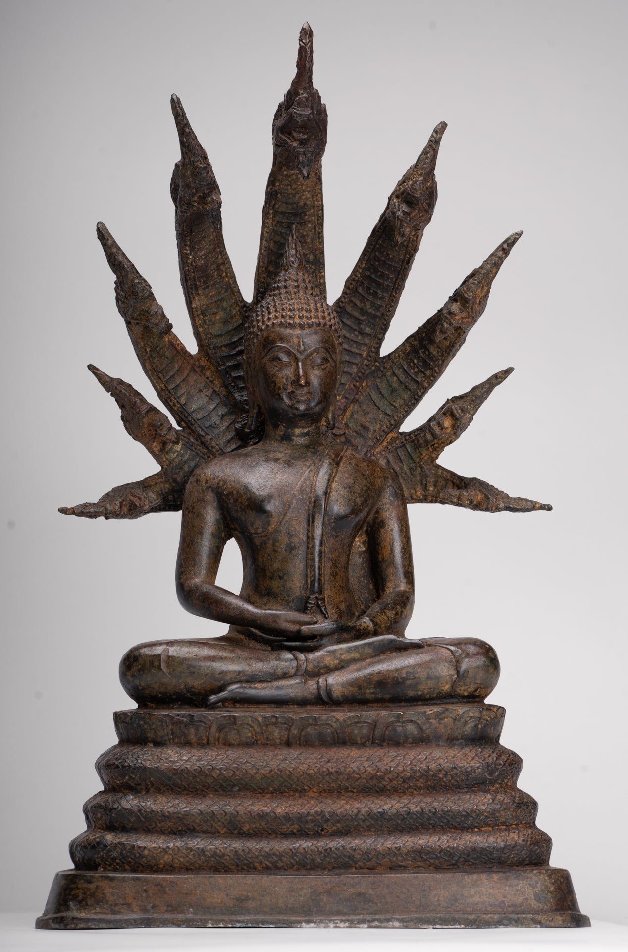 Antique Thai Style Seated Bronze Naga Meditation 'Phra Naga Prok' Buddha - 53cm/21"