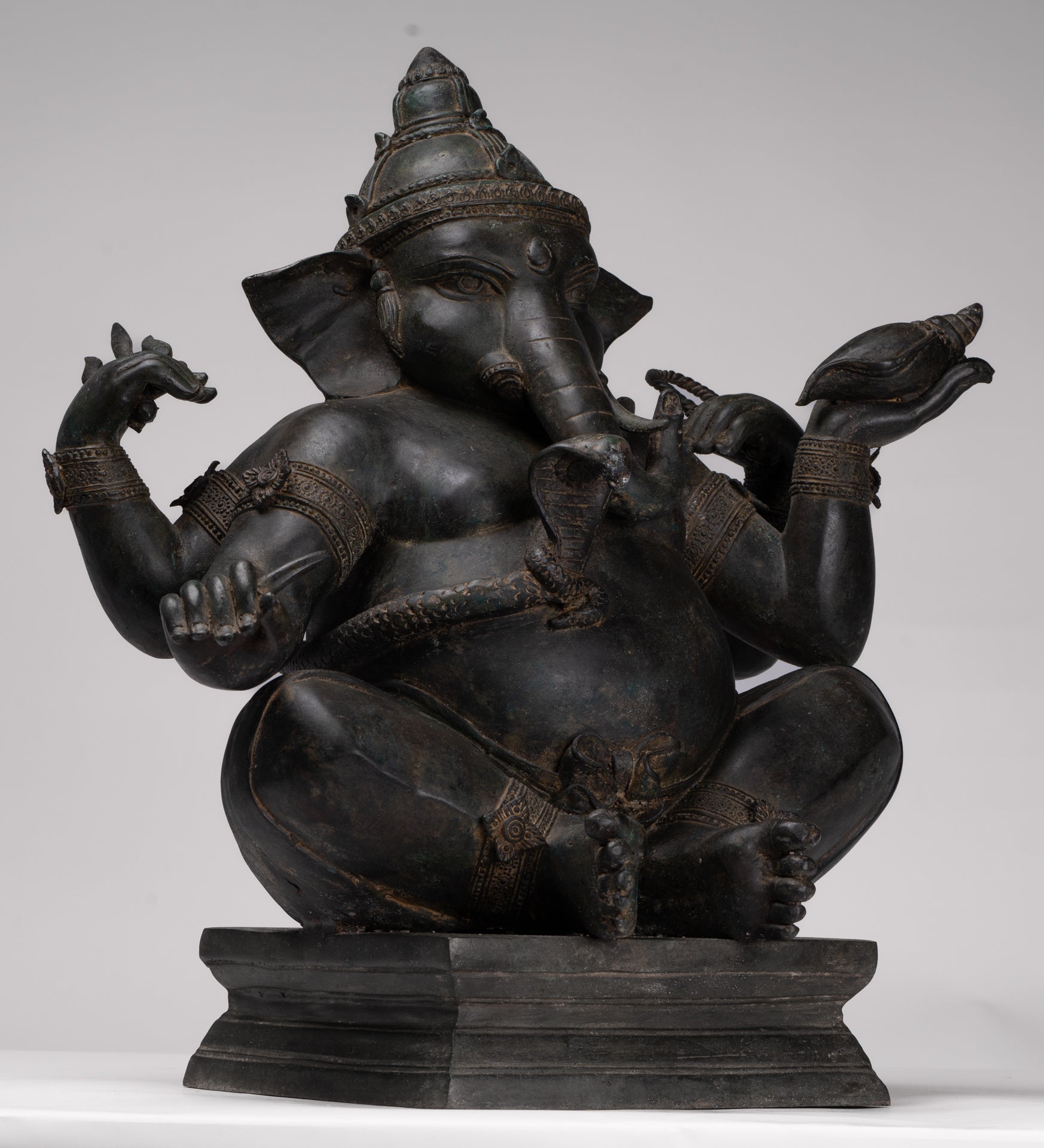 Ganesha Statue - Antique Thai Style Bronze Seated 4-Arm Ganesha Statue - 55cm/22"