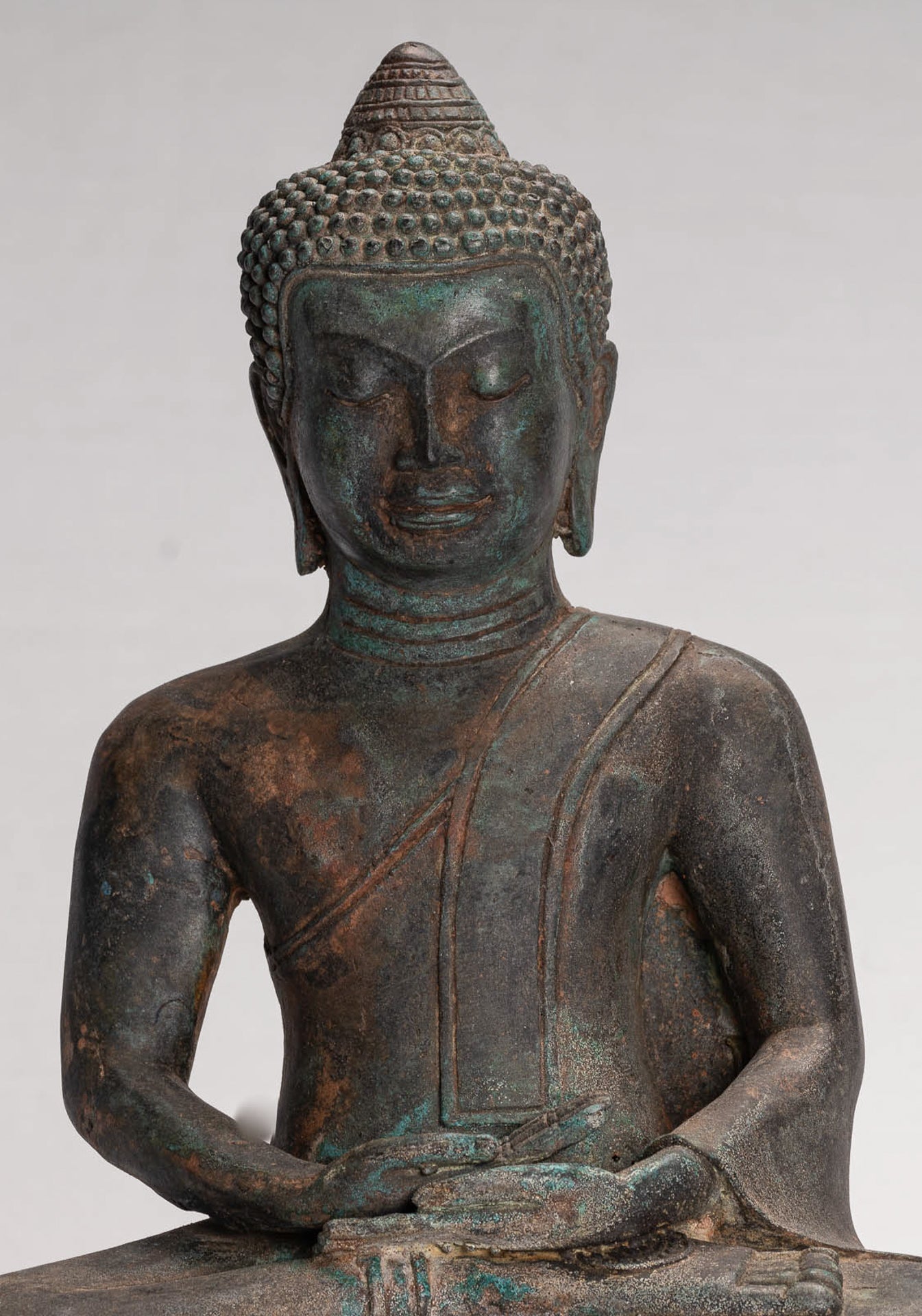 Buddha Statue - Antique Thai Style Seated Bronze Dvaravati Meditation Buddha Statue - 29cm/12"