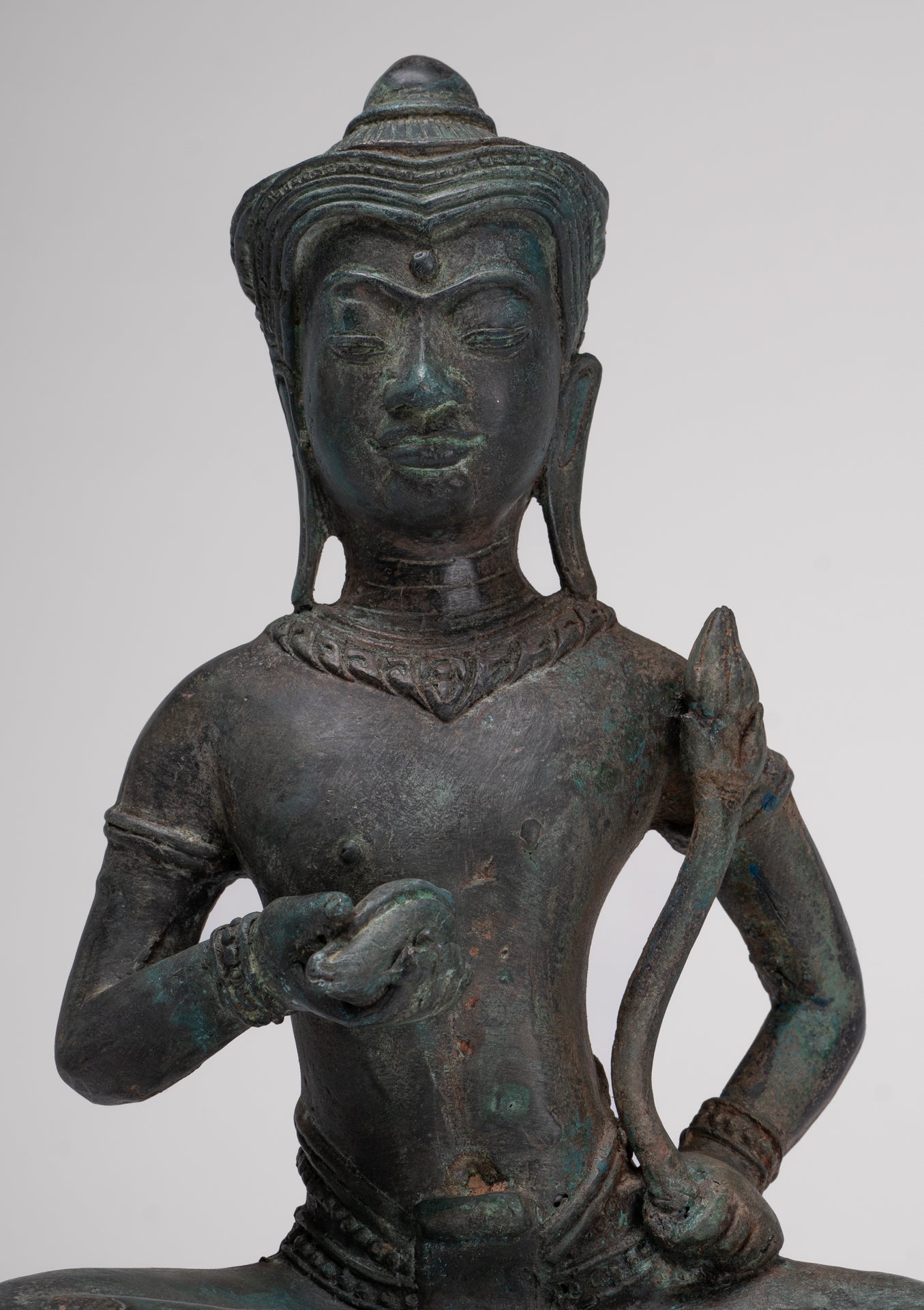 Tara Statue - Antique Java Style Majapahit Seated Bronze Tara Nyurma Pamo - 31cm/12"