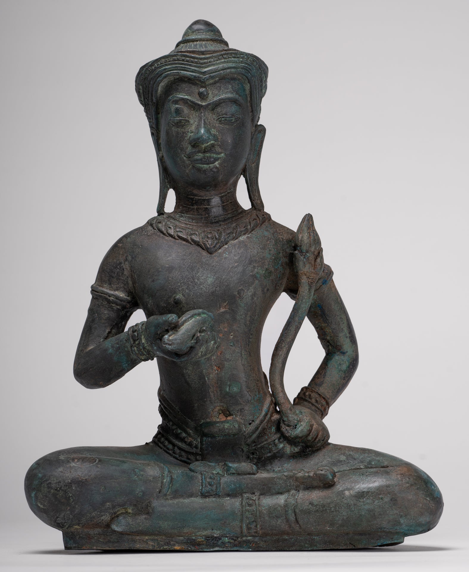 Tara Statue - Antique Java Style Majapahit Seated Bronze Tara Nyurma Pamo - 31cm/12"