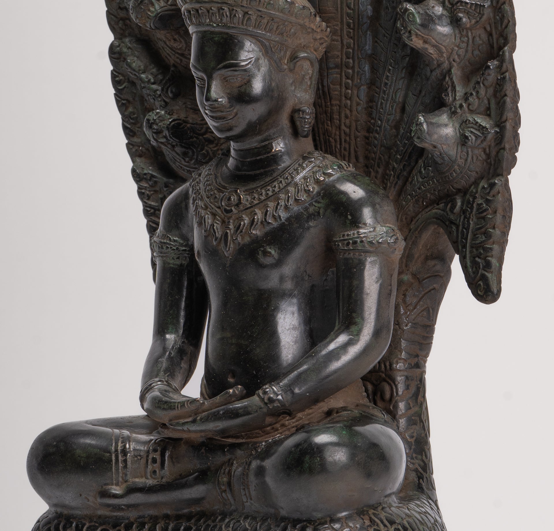 Antique Khmer Style Bronze Seated Meditation Naga Buddha Statue - 52cm/21"