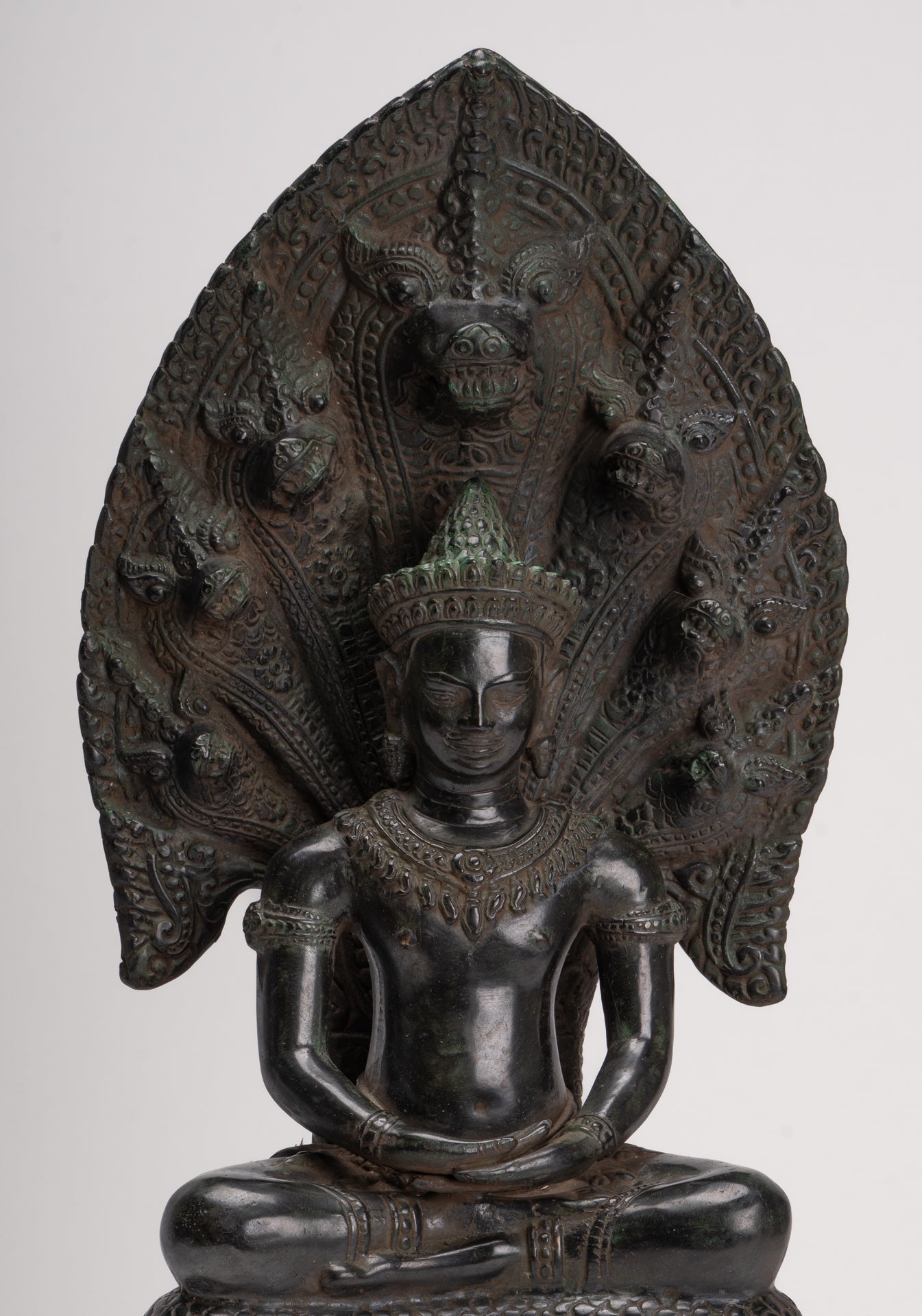 Antique Khmer Style Bronze Seated Meditation Naga Buddha Statue - 52cm/21"