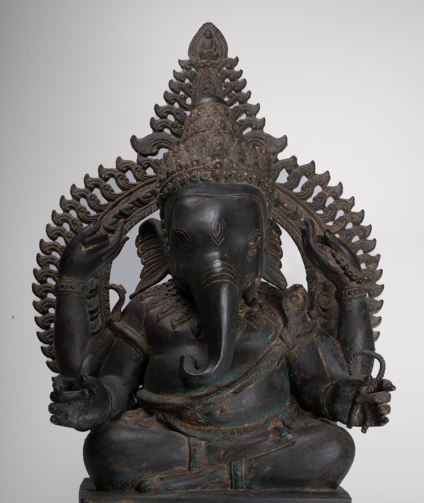 Ganesha Statue - Antique Thai Style Bronze Seated 4-Arm Ganesha Statue - 84cm/34"