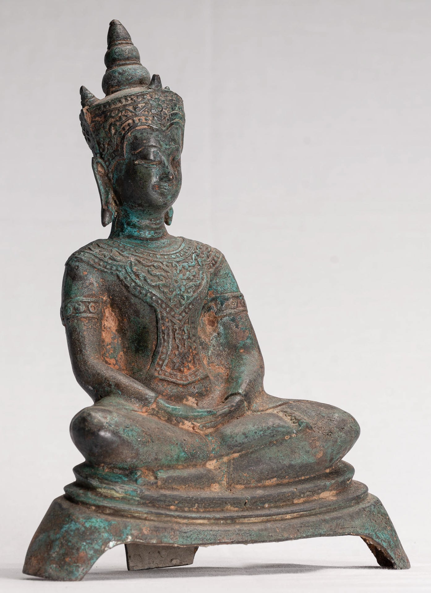 Antique Thai Style Seated Bronze Ayutthaya Meditation Buddha Statue - 26cm/10"