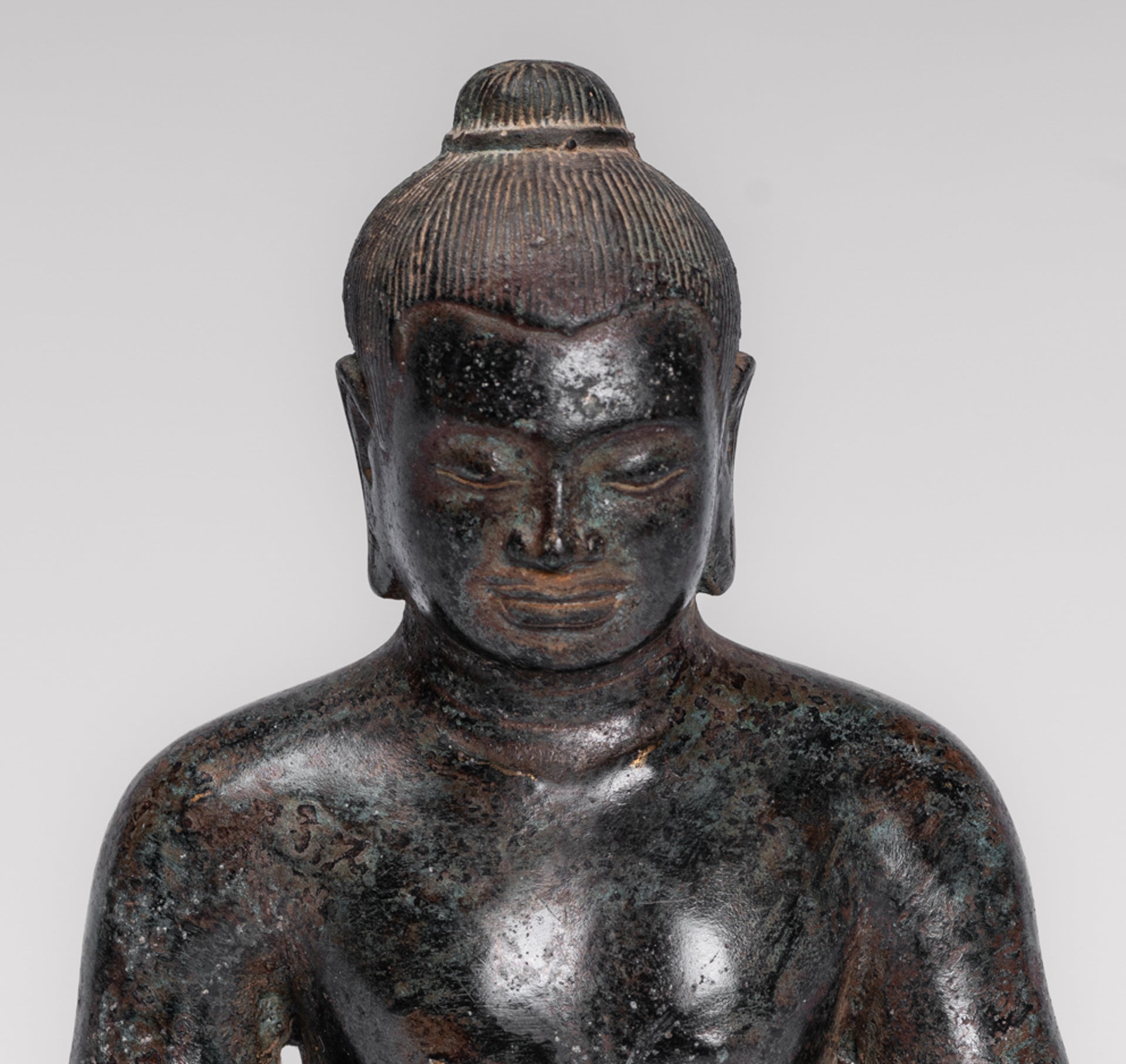 Antique Khmer Style Seated Bronze Meditation Jayavarman VII Statue - 18cm/7"