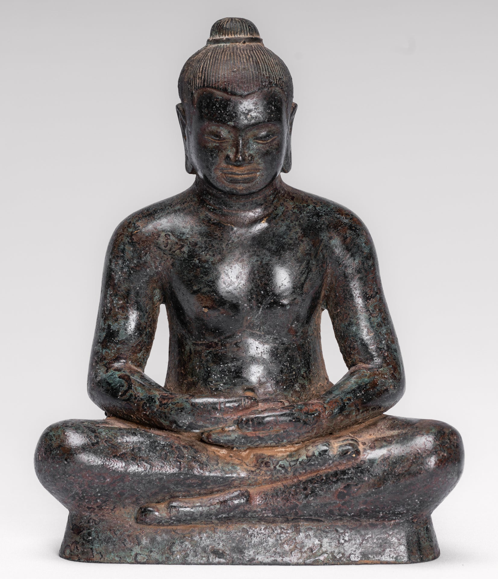 Antique Khmer Style Seated Bronze Meditation Jayavarman VII Statue - 18cm/7"