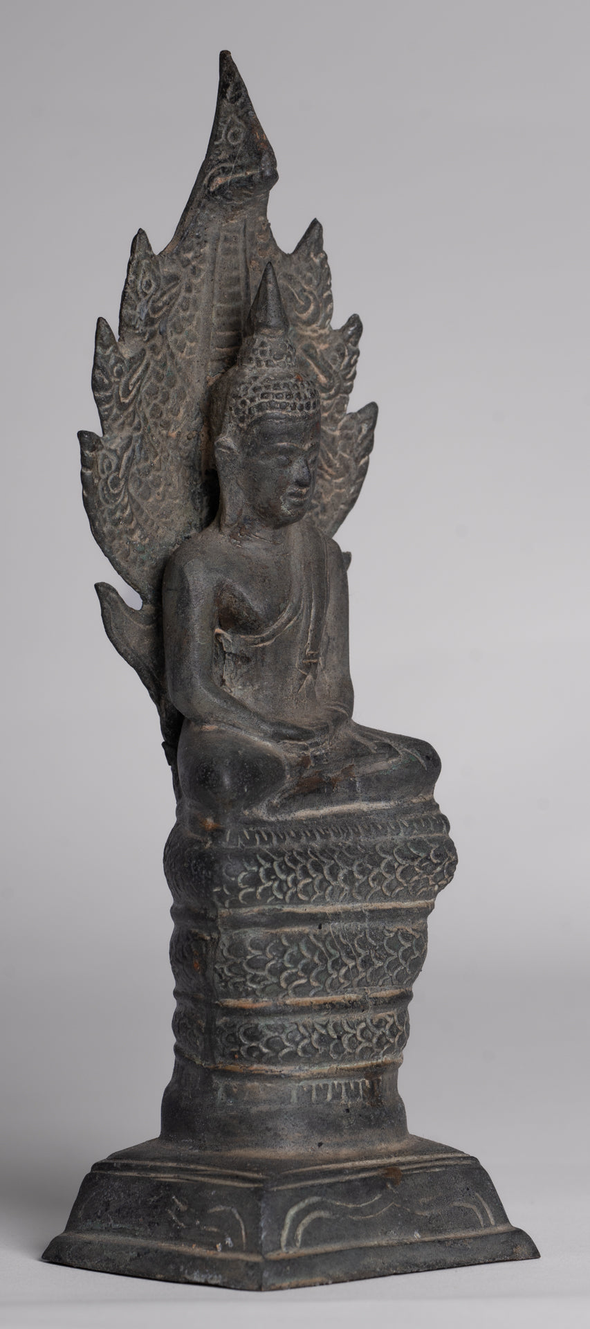 Buddha Statue - Antique Sukhothai Style Bronze Meditating Naga Buddha Statue - 21cm/8"