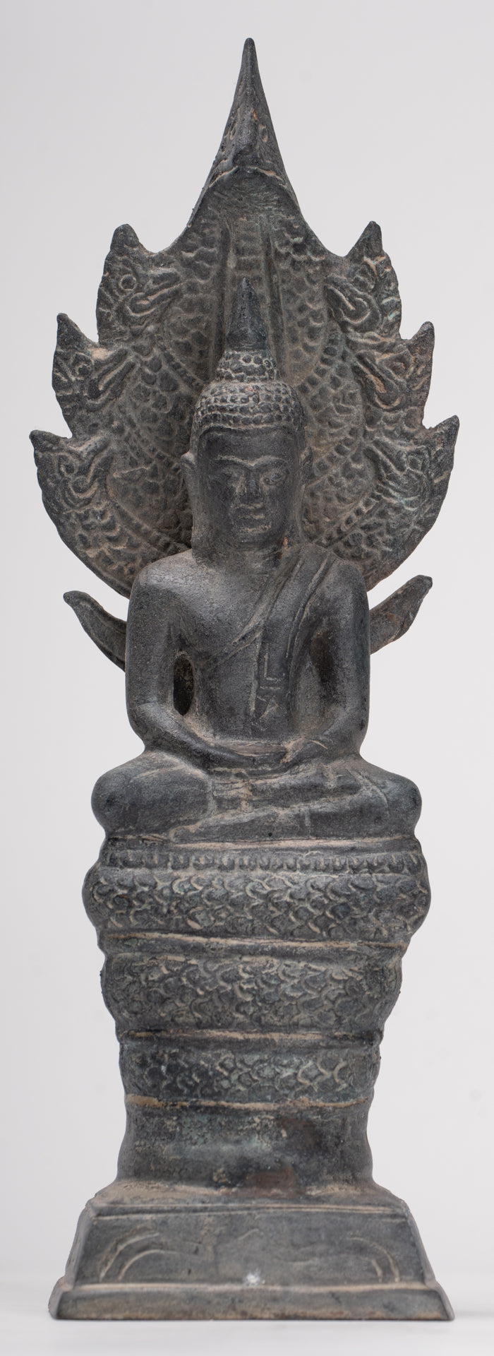 Buddha Statue - Antique Sukhothai Style Bronze Meditating Naga Buddha Statue - 21cm/8"