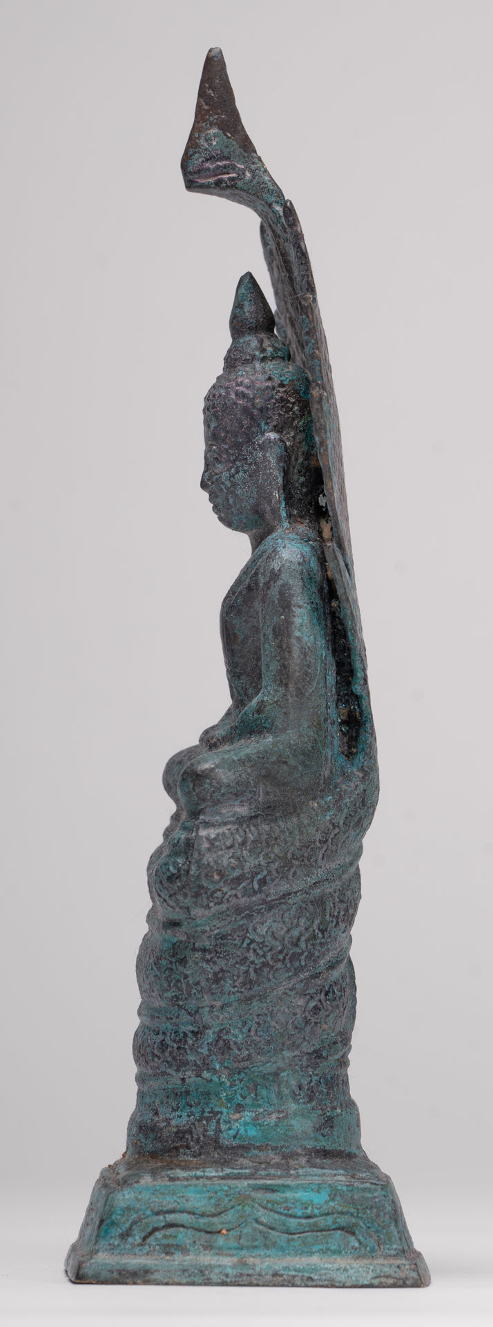 Buddha Statue - Antique Sukhothai Style Bronze Meditating Naga Buddha Statue - 21.5cm/9"