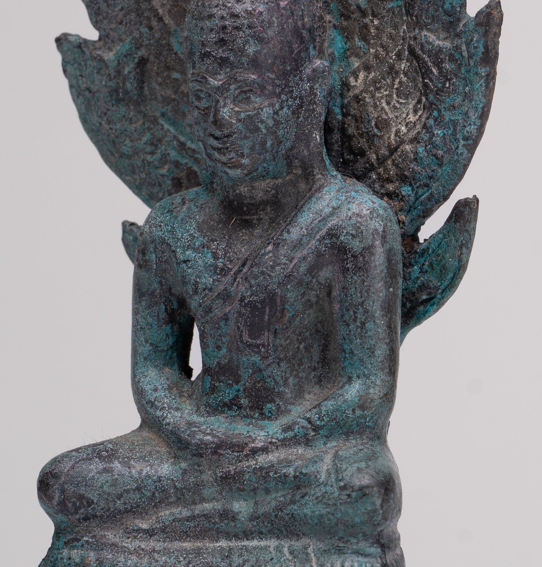 Buddha Statue - Antique Sukhothai Style Bronze Meditating Naga Buddha Statue - 21.5cm/9"