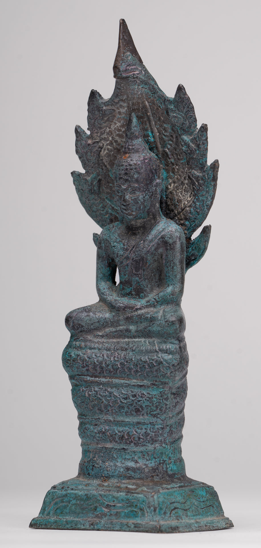 Buddha Statue - Antique Sukhothai Style Bronze Meditating Naga Buddha Statue - 21.5cm/9"