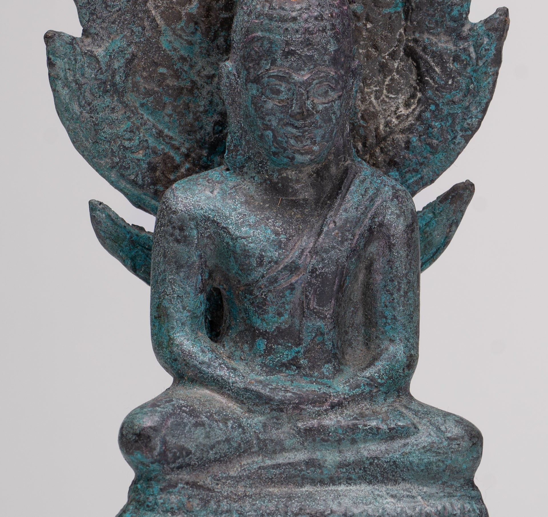 Buddha Statue - Antique Sukhothai Style Bronze Meditating Naga Buddha Statue - 21.5cm/9"
