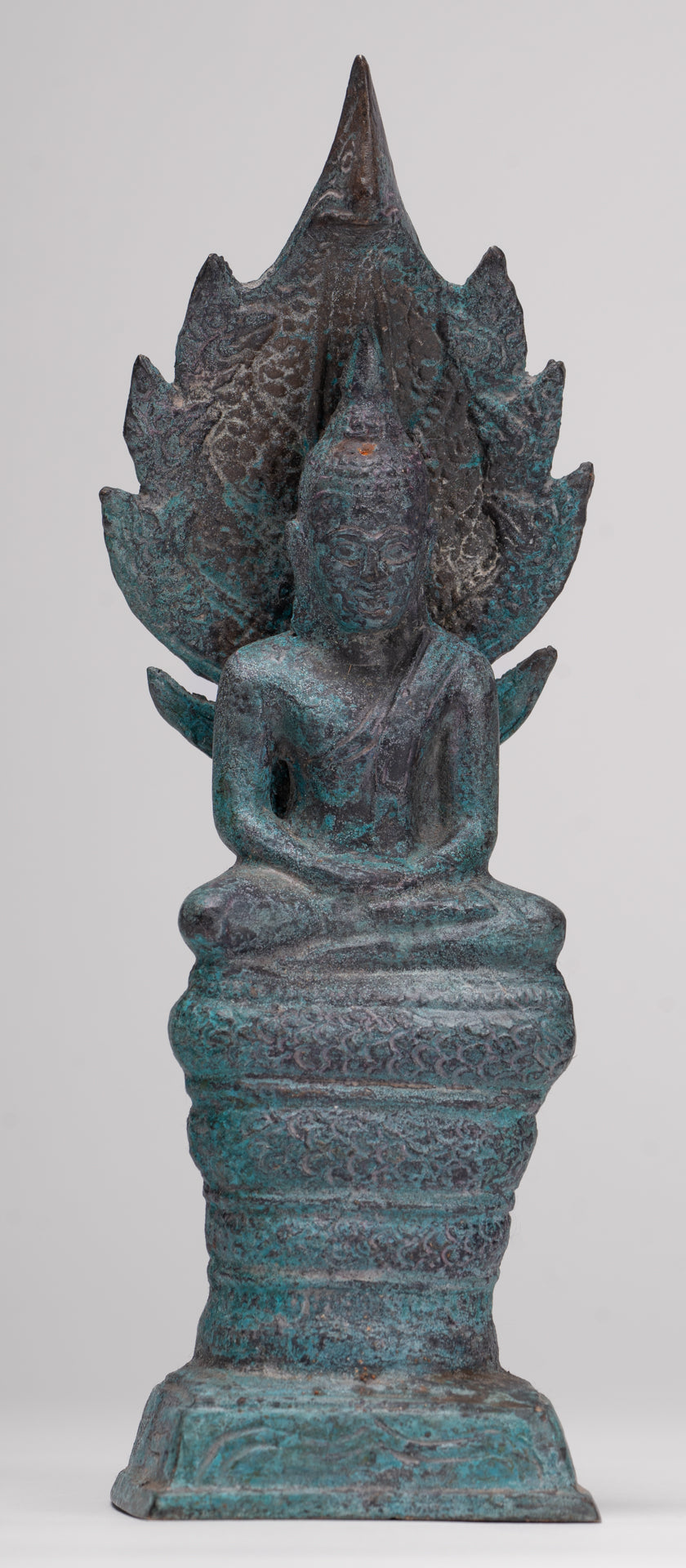 Buddha Statue - Antique Sukhothai Style Bronze Meditating Naga Buddha Statue - 21.5cm/9"