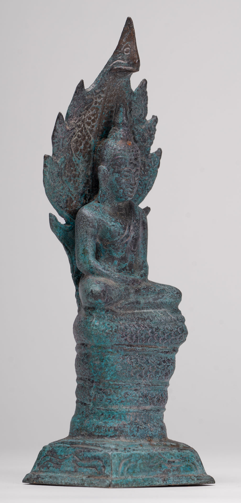 Buddha Statue - Antique Sukhothai Style Bronze Meditating Naga Buddha Statue - 21.5cm/9"