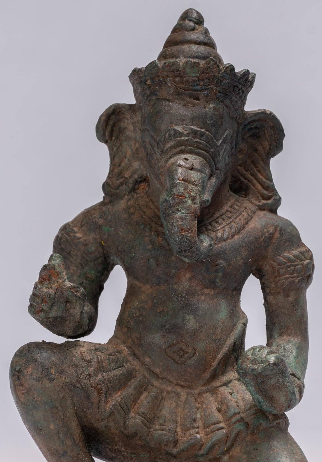 Ganesha Statue - Antique Thai Style Bronze Kneeling Ganesh Statue - 17cm/7"