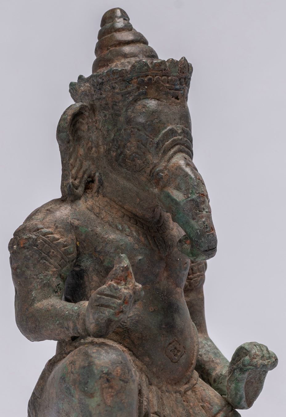 Ganesha Statue - Antique Thai Style Bronze Kneeling Ganesh Statue - 17cm/7"