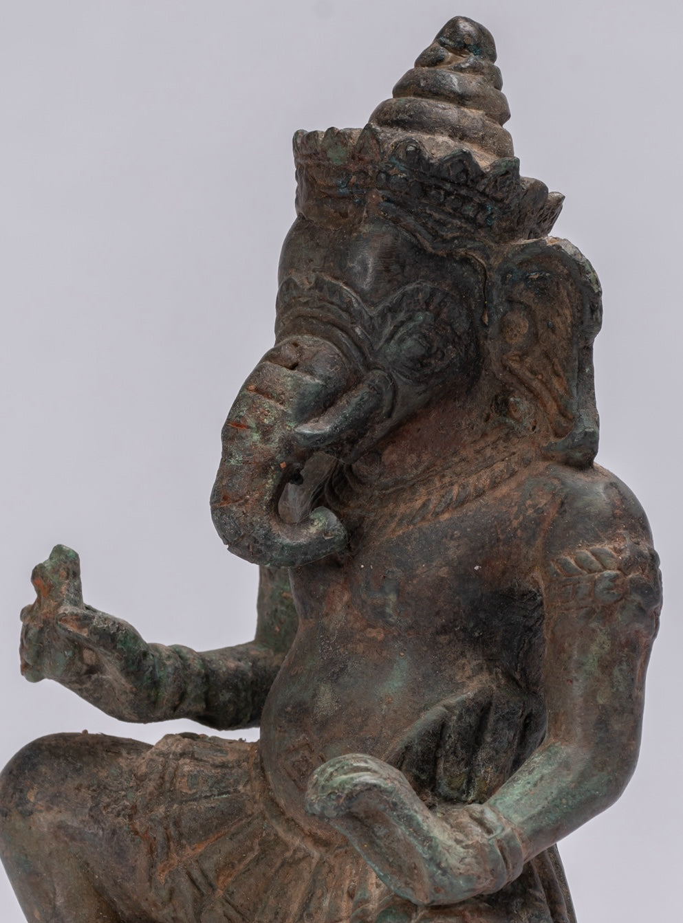 Ganesha Statue - Antique Thai Style Bronze Kneeling Ganesh Statue - 17cm/7"