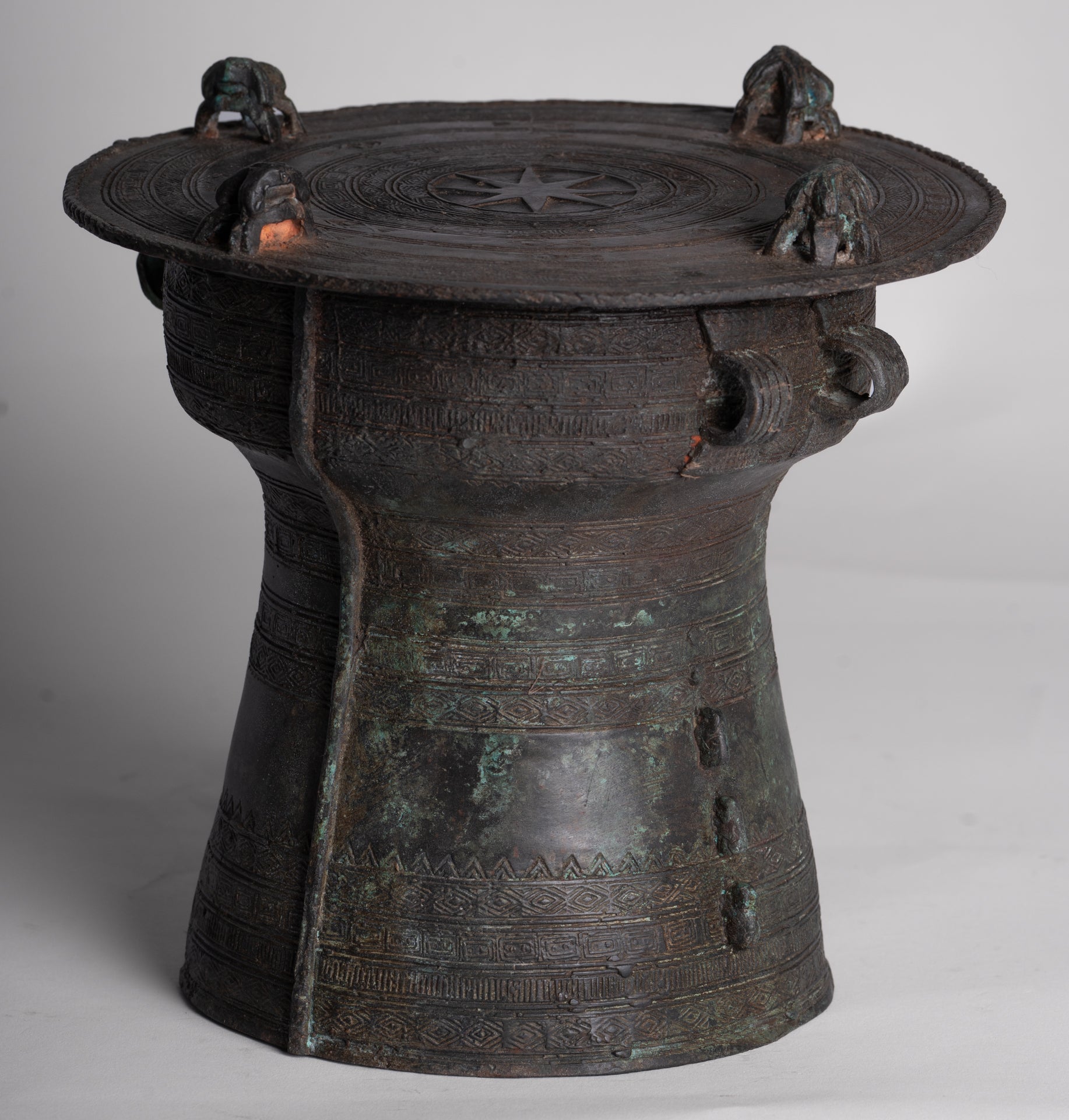 Thai Rain Drum - Antique Thai Style Bronze Free Standing Frog Rain Drum - 19cm/8"