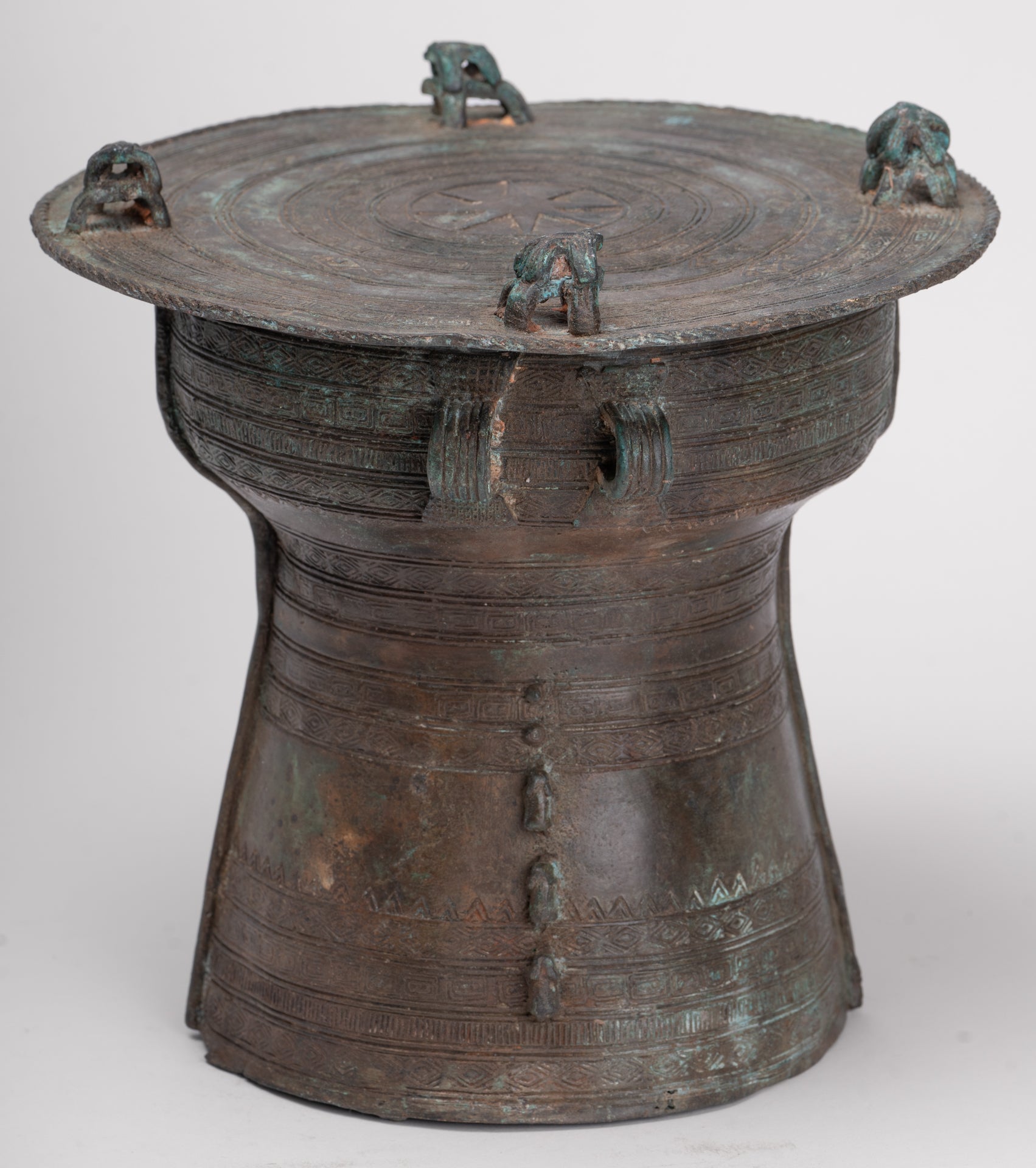 Thai Rain Drum - Antique Thai Style Bronze Free Standing Frog Rain Drum - 19cm/8"