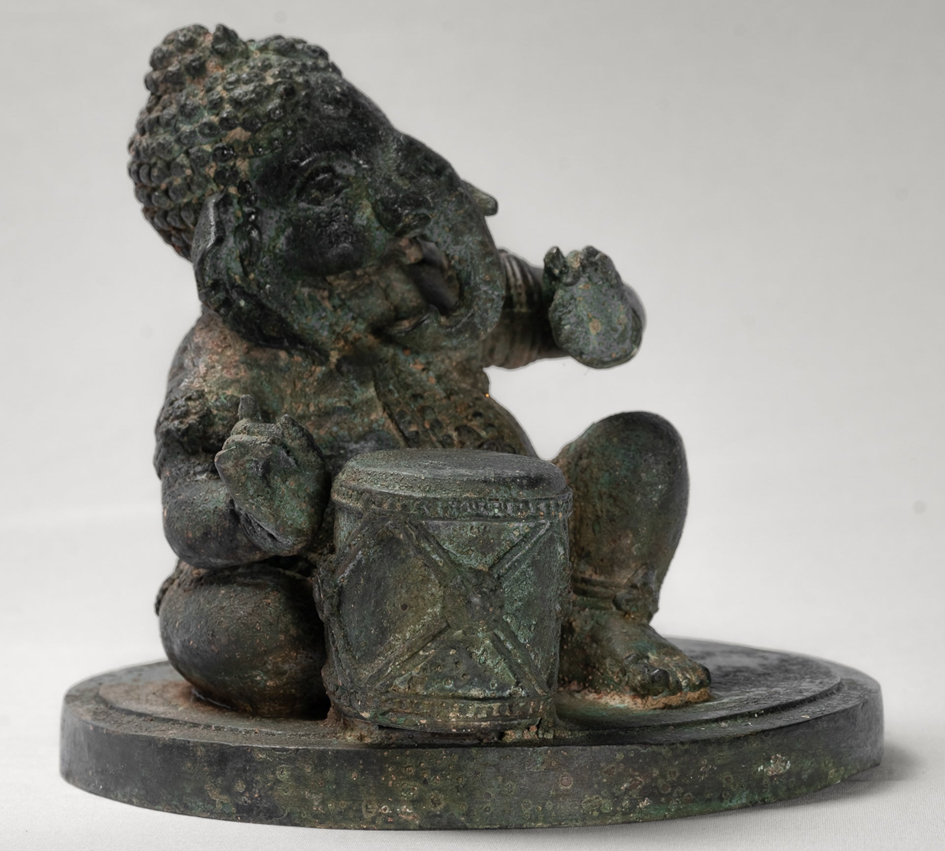 Ganesha Statue - Antique Thai Style Bronze Seated Ganesha Statue with Drum - 20cm/8"