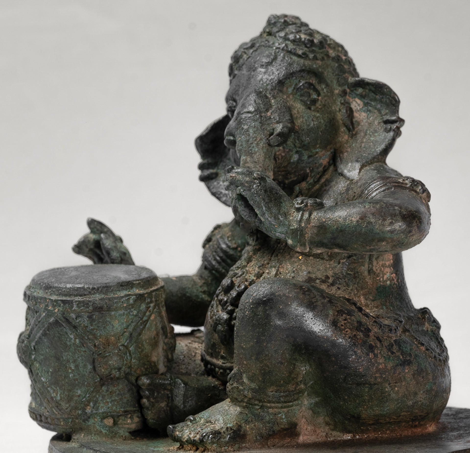 Ganesha Statue - Antique Thai Style Bronze Seated Ganesha Statue with Drum - 20cm/8"