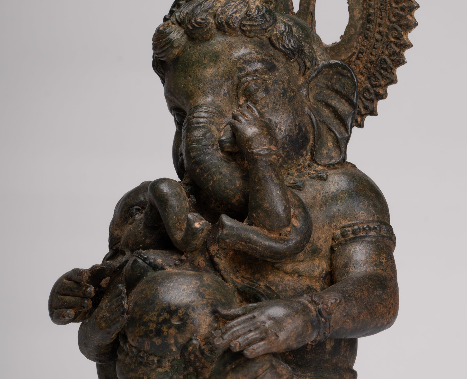Ganesha Statue - Antique Chola Style Seated Bronze Ganesh Statue with Baby Ganesh - 37cm/15"