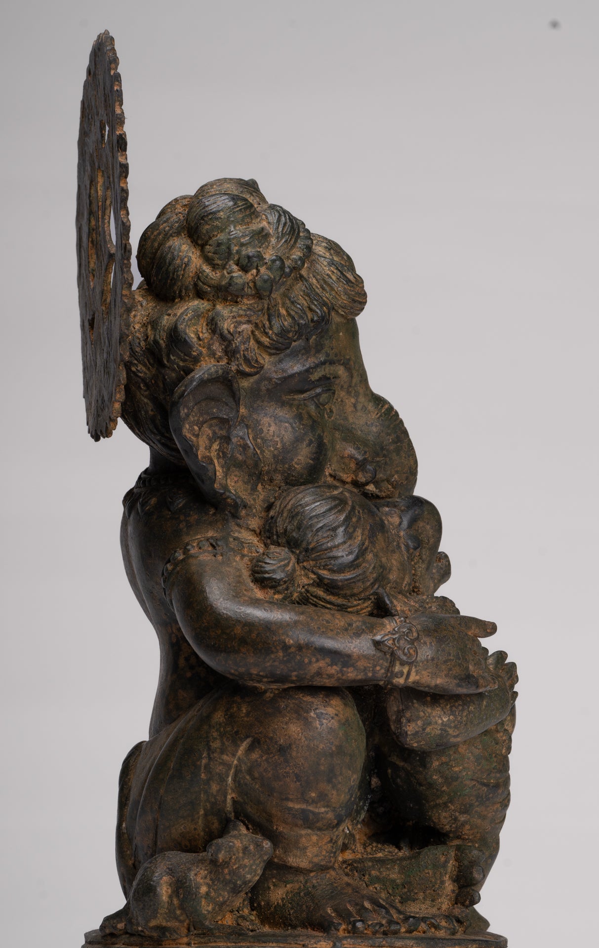 Ganesha Statue - Antique Chola Style Seated Bronze Ganesh Statue with Baby Ganesh - 37cm/15"