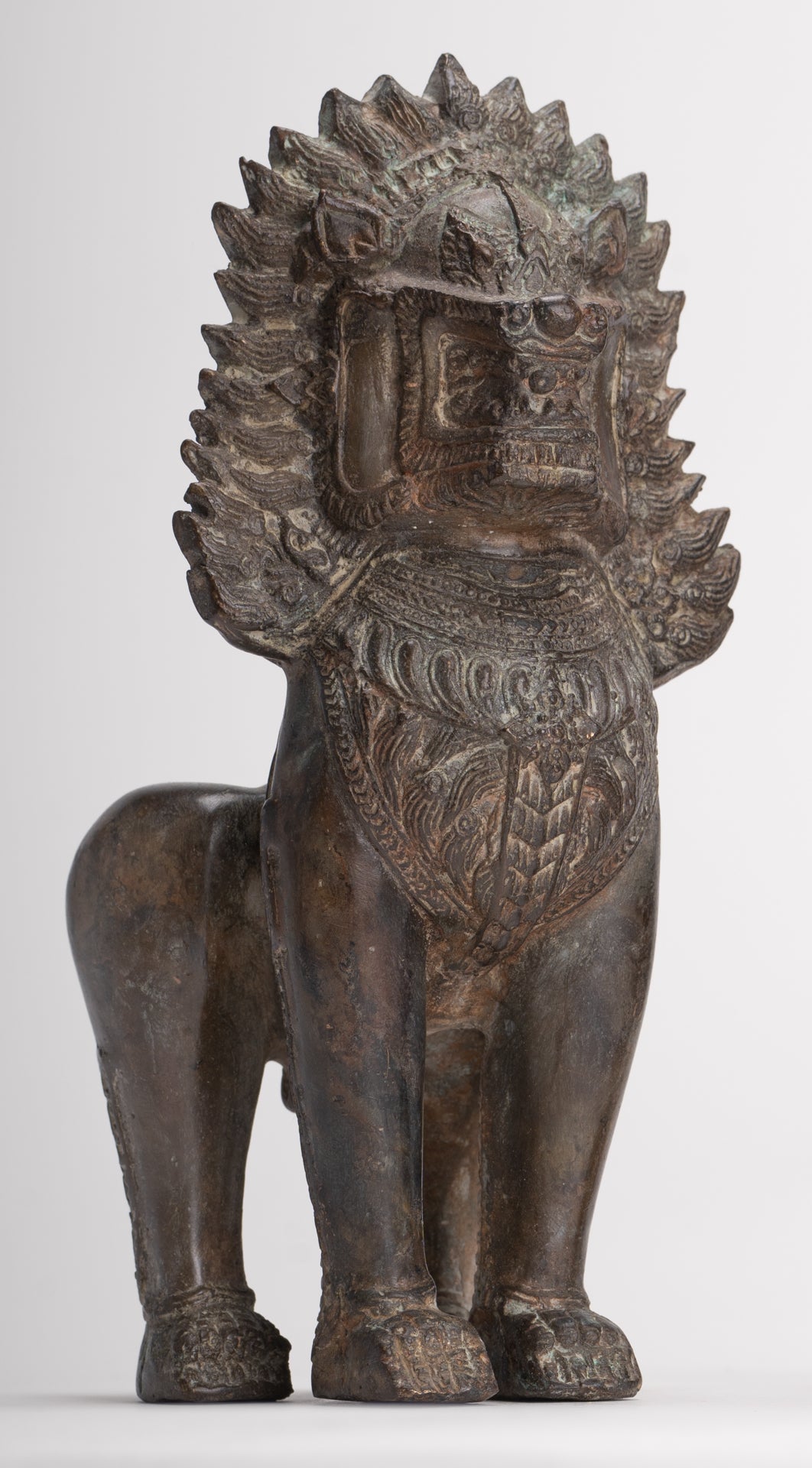 Temple Lions - Antique Thai Style Bronze Standing Singha Temple Guardians or Lions - 19cm/8" (Pair)