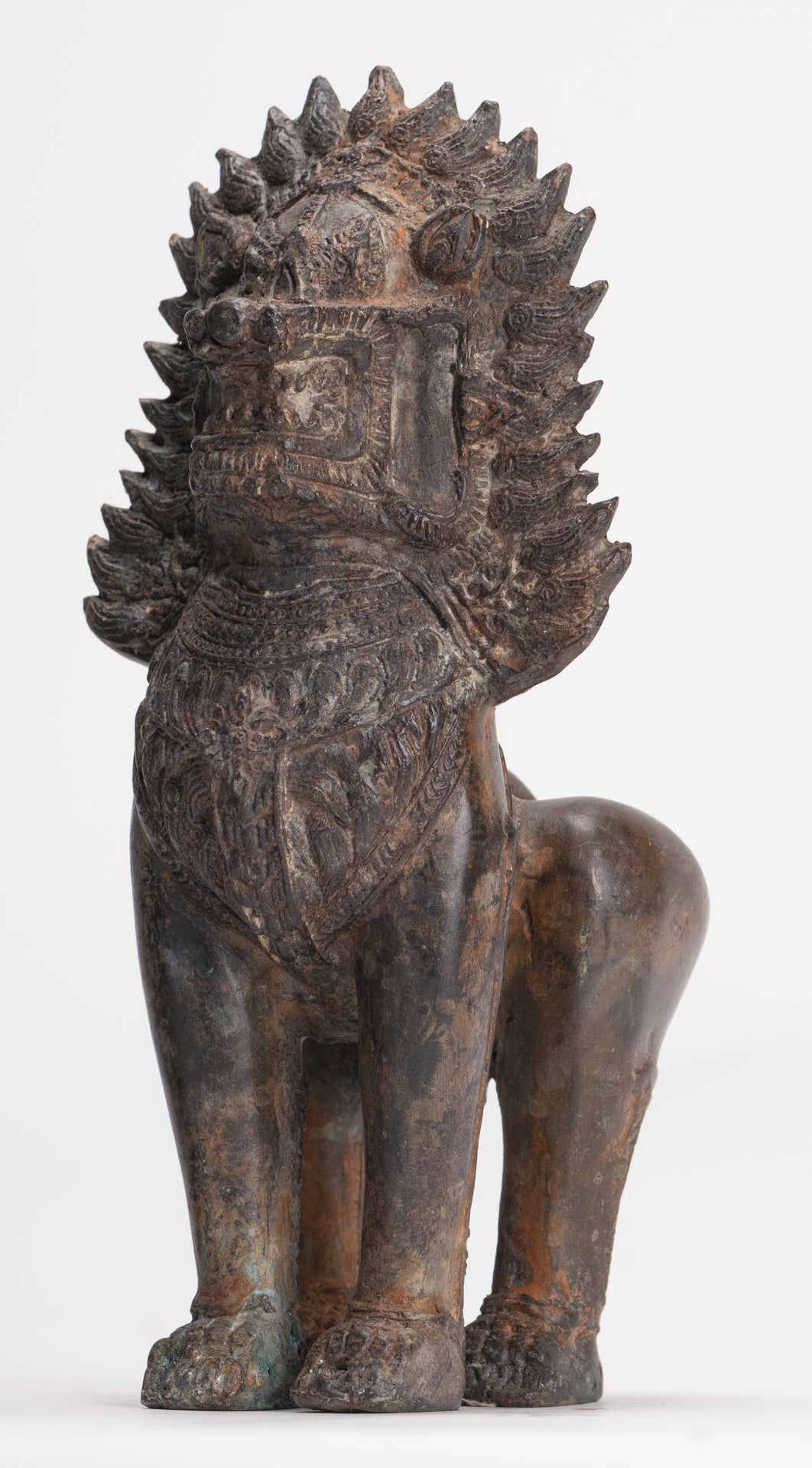 Temple Lions - Antique Thai Style Bronze Standing Singha Temple Guardians or Lions - 19cm/8" (Pair)