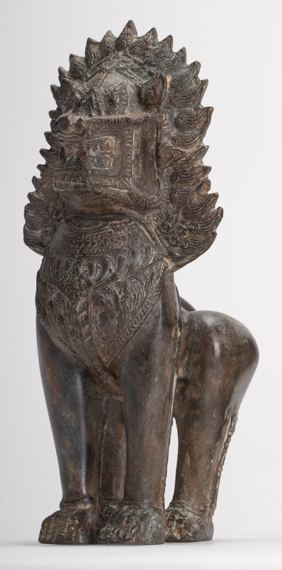 Temple Lions - Antique Thai Style Bronze Standing Singha Temple Guardians or Lions - 19cm/8" (Pair)