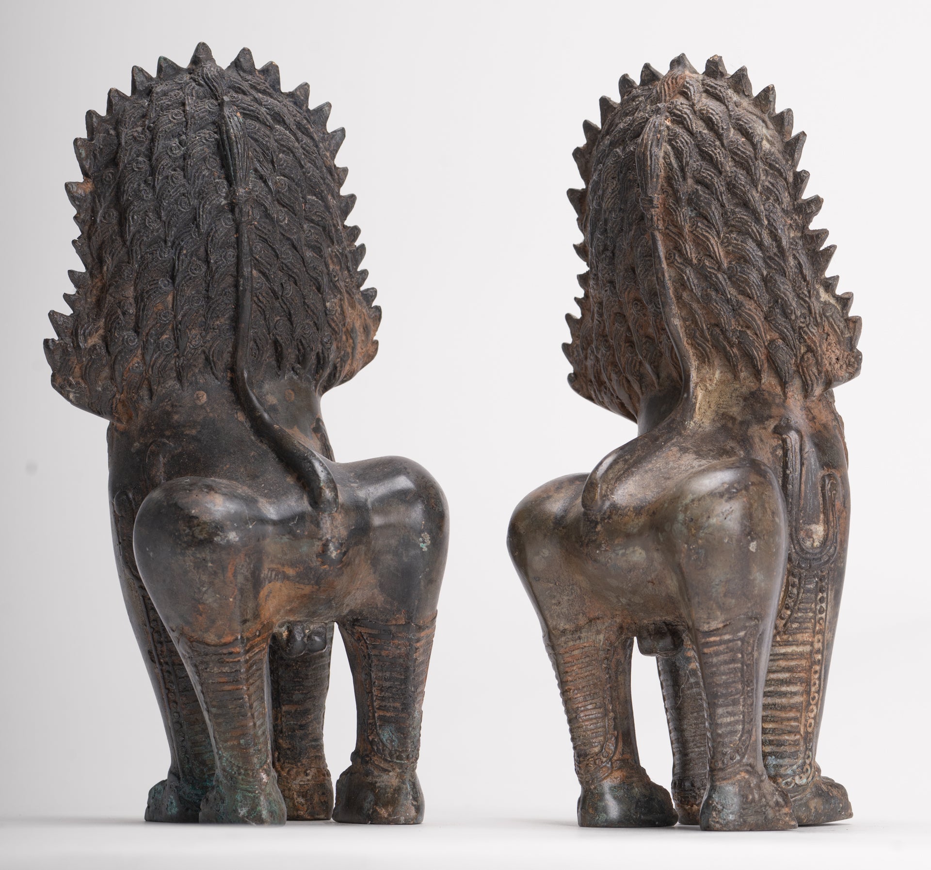 Temple Lions - Antique Thai Style Bronze Standing Singha Temple Guardians or Lions - 19cm/8" (Pair)