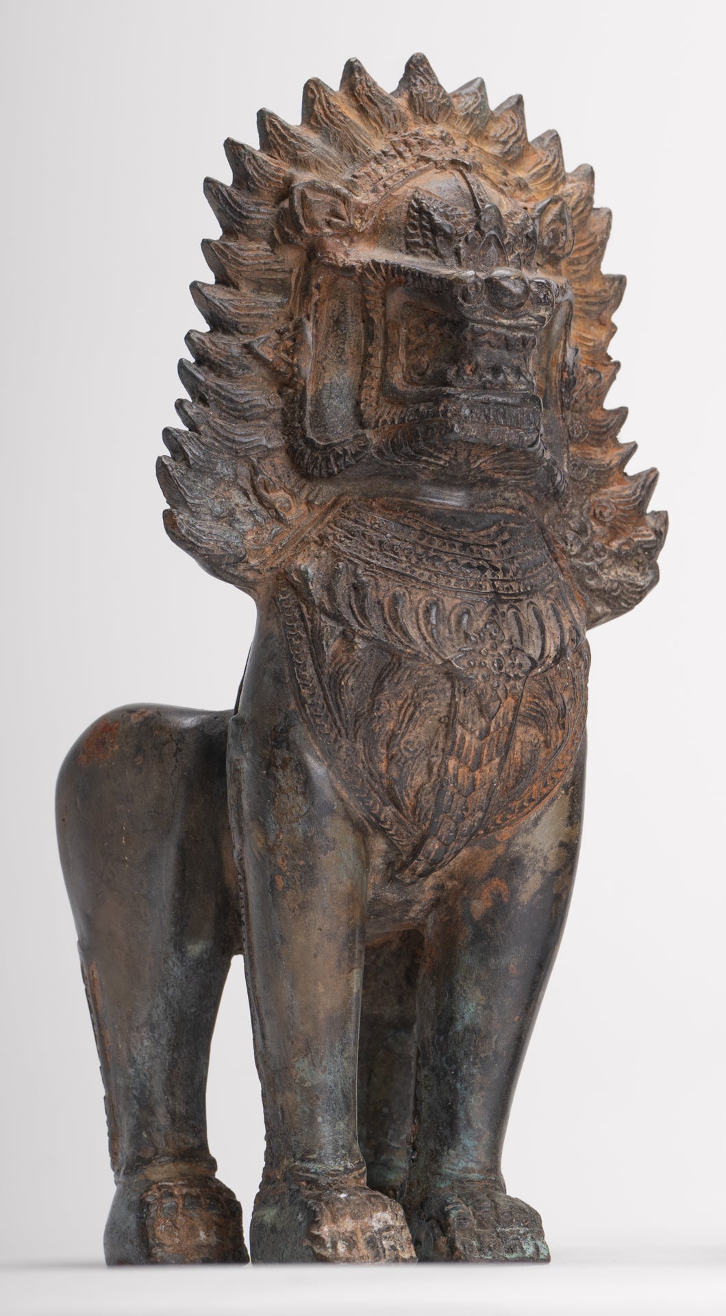 Temple Lions - Antique Thai Style Bronze Standing Singha Temple Guardians or Lions - 19cm/8" (Pair)