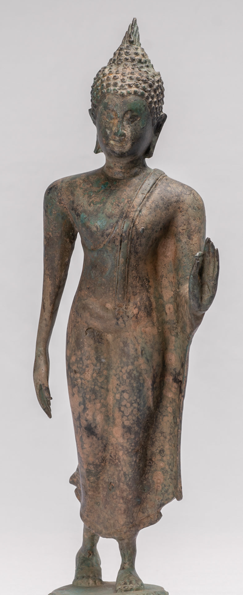 Estatua de Buda Caminante con Protección de Bronce de Pie Estilo Sukhothai Antiguo - 42cm/17"