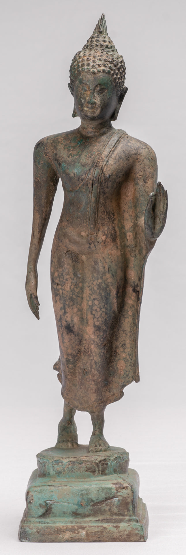 Estatua de Buda Caminante con Protección de Bronce de Pie Estilo Sukhothai Antiguo - 42cm/17"