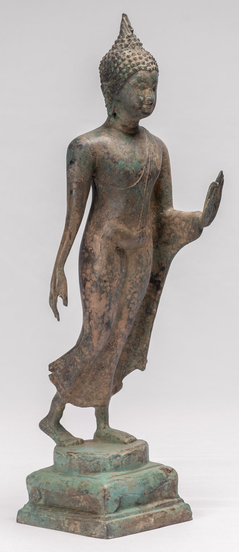 Estatua de Buda Caminante con Protección de Bronce de Pie Estilo Sukhothai Antiguo - 42cm/17"