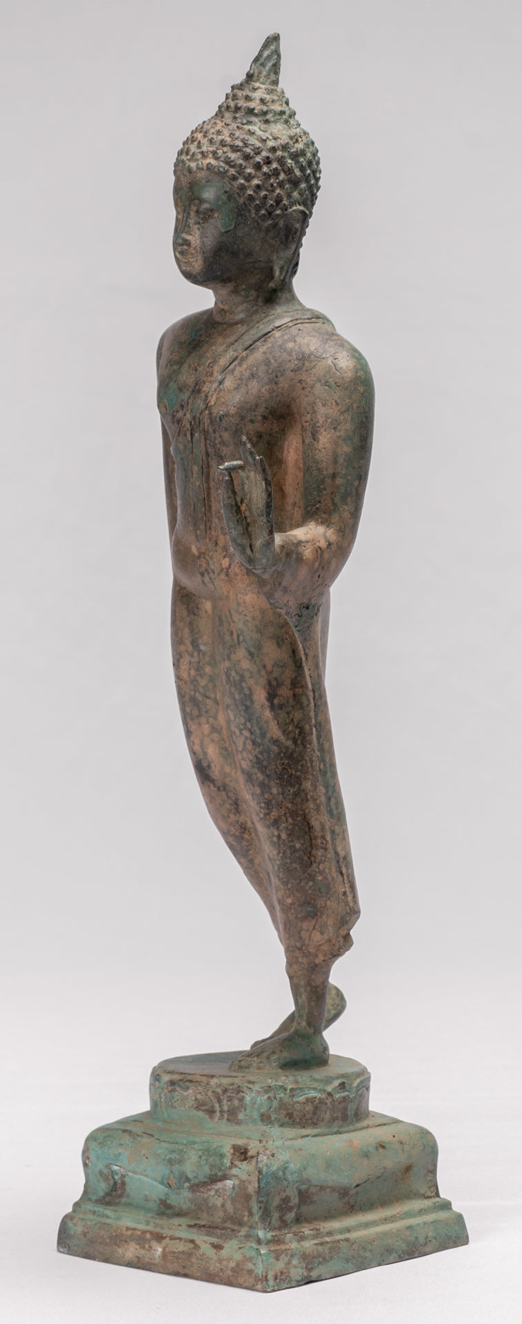 Estatua de Buda Caminante con Protección de Bronce de Pie Estilo Sukhothai Antiguo - 42cm/17"