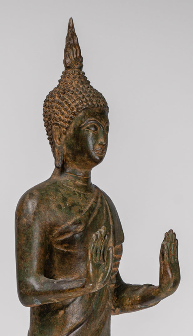 Buddha Statue - Antique Thai Style Bronze Standing Abhaya Protection Buddha Statue - 62cm/25"