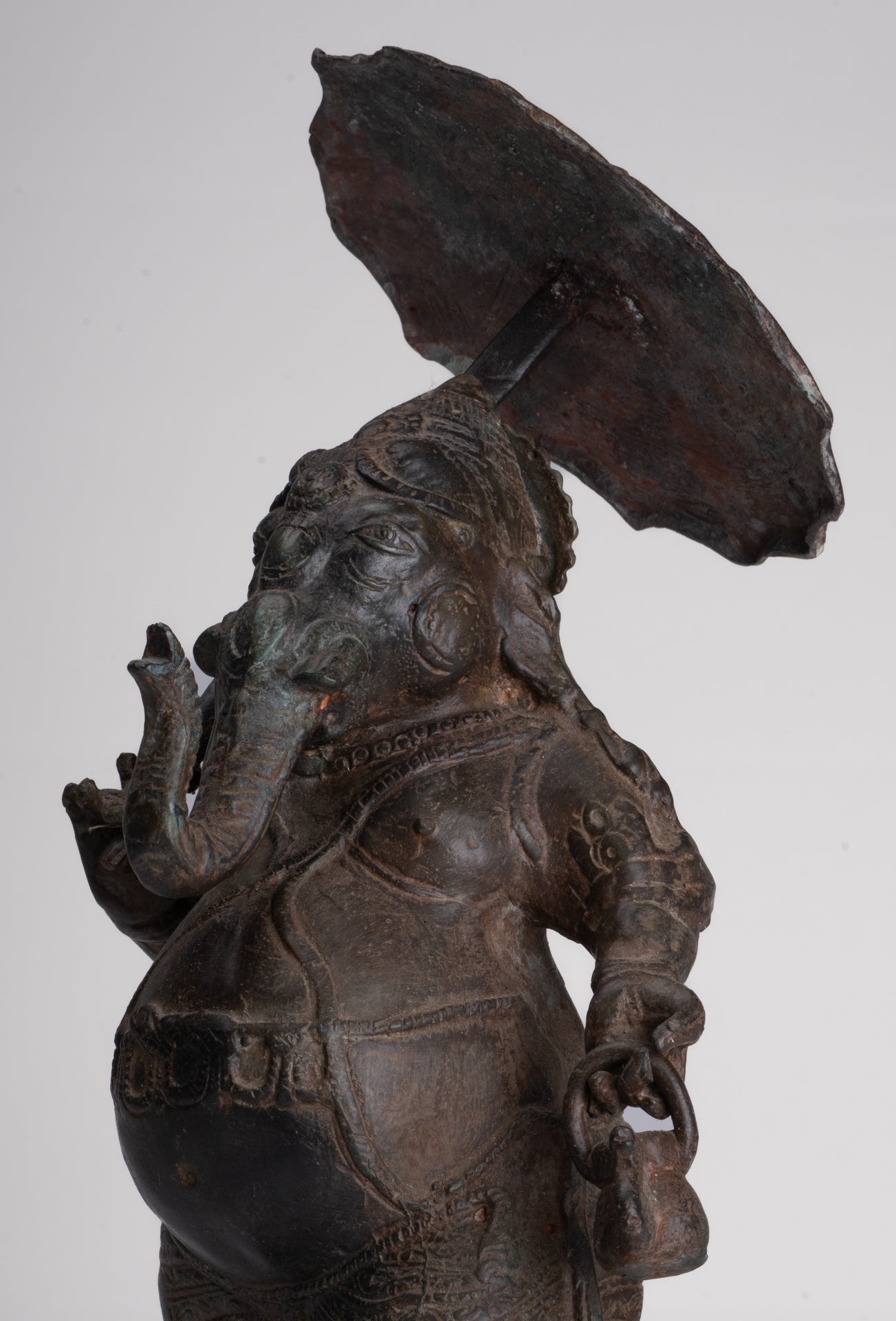 Antique Chola Style Standing Bronze Bridegroom or Mappilai Ganesha Statue w/Umbrella - 37cm/15"